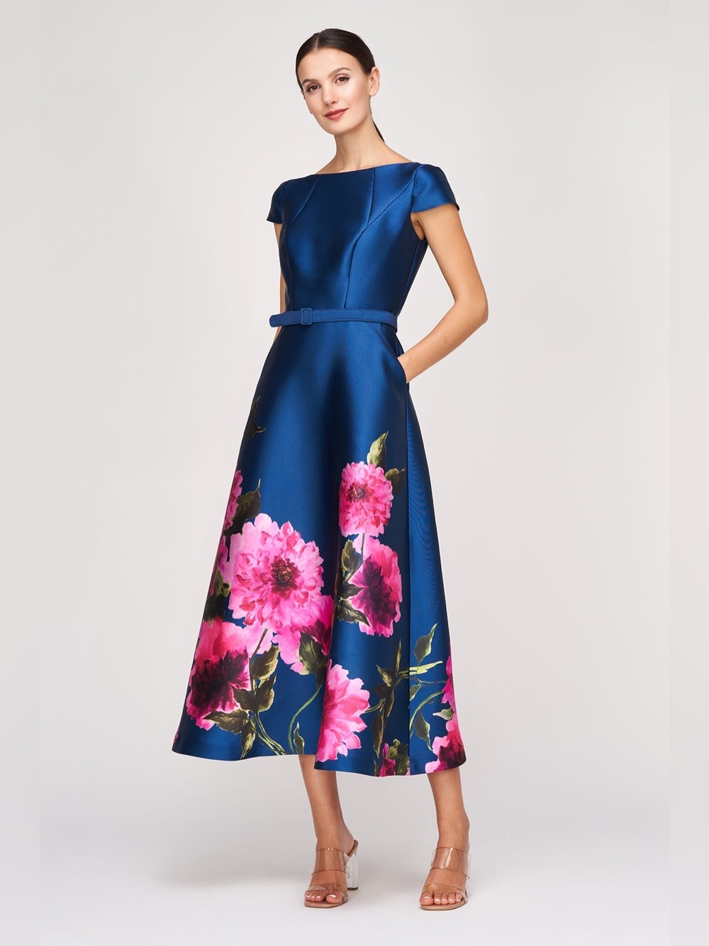 NEW Kay Unger Ina Tea Length Dress Vibrant Peony Blue Pink A-line cocktail 16